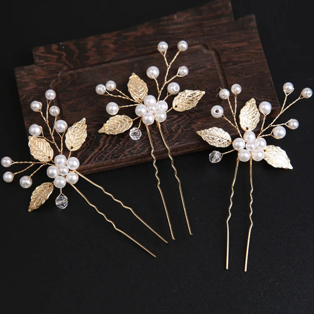 Handmade Pearl Flower Hairpin Gold Color Leaf Shaped Metal Wedding Bride Hair Clips Hair Jewelry Accessories Bride Hair wear