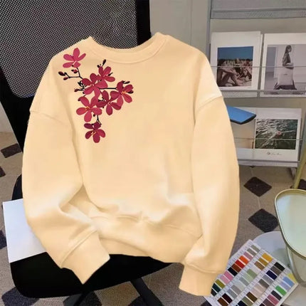 Autumn and Winter Round Neck Sweatshirt Cherry Blossom Print Loose Casual Long Sleeve Pullover