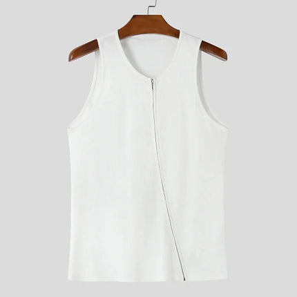 Men's Casual Y2K Ribbed Tank Tops Diagonal Zipper Vest Slim Fit Muscle Gym Sleeveless T-shirts Bodybuilding Workout Tank for Men