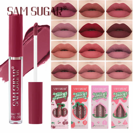 Fruit Cherry Strawberry Liquid Lipstick Makeup Kit Non Stick Cup Colorfast Long Lasting Velvet Matte Peach Lip Gloss Set 3pc/set