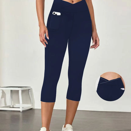 Women's Super Soft Crossover High Waisted Capri Pants With Pockets Tummy Control No See Through Workout Yoga Running Leggings