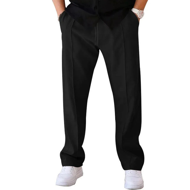Men Casual LooseStraight Leg Dress Pants Elastic Drawstring Waist Front Seam Plain Wide Leg Trousers Daily Street Vacation Relax