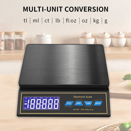 LCD Digital Kitchen Scale 30kg/1g Rechargeable Stainless Steel Panel Electronic Scales Home Jewelry Food Weighing Baking Tools