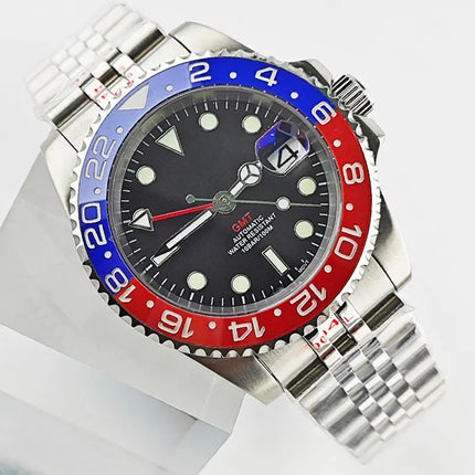 40mm Pepsi GMT Watch Case Custom Logo Dial Fit NH34 Movement Sapphire Glass 316L Stainless Steel NH34 Case C3 luminous