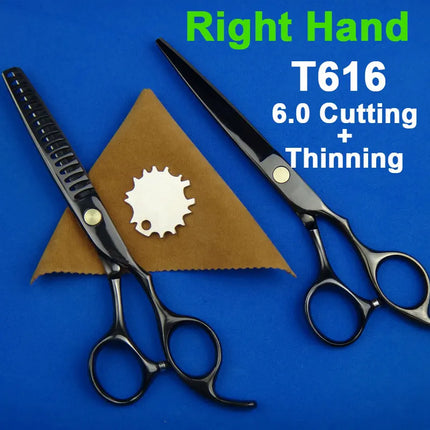 Japan 440C Titanium Qlating Barber Professional Scissors for Hairdresser 5.5 / 6.0 Cutting Thinning Black Hair Scissor Shears