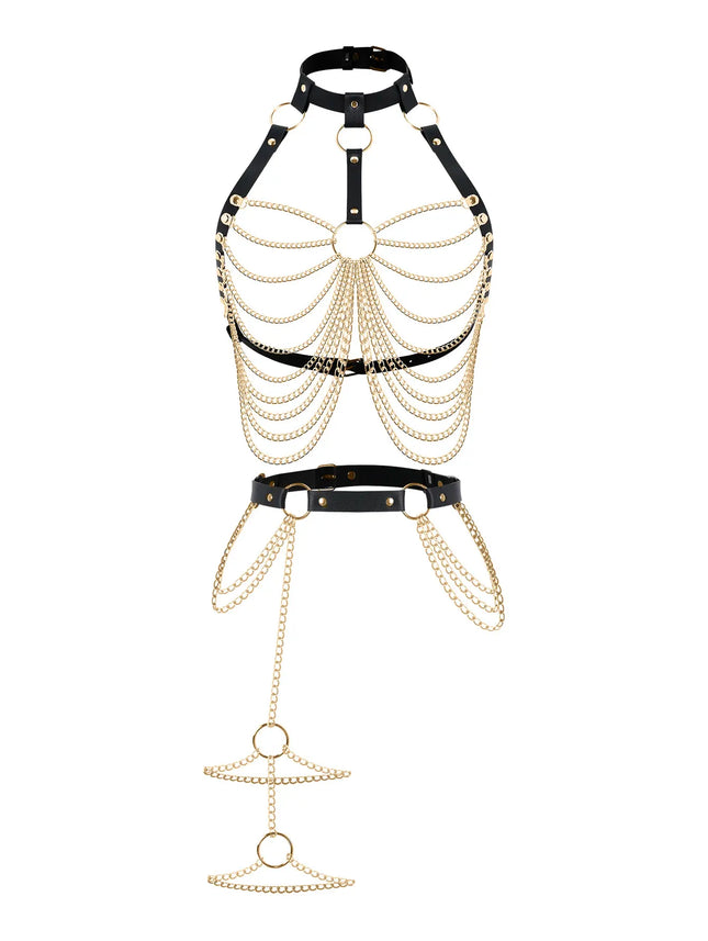 Women Fashion Full Body Belt with Chains Street Style Cool Punk Pu Leather Belt With Leg Decorative Belt Goth Clothing Accessory