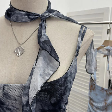 Women's Vintage Tie-dye Printed Mesh Spaghetti Strap Camisole Hot Girl Irregular Ruffled Ribbon Sleeveless Top Partyclub 1185