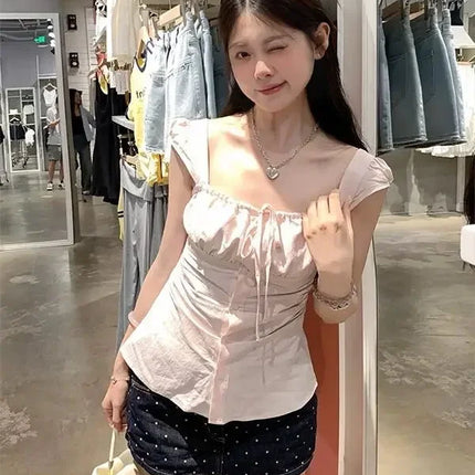 Pure Desire Pink Square Collar Short Sleeve Women's Shirt Summer Slim Fit Sweet And Spicy Girl High End Versatile Casual Waist C