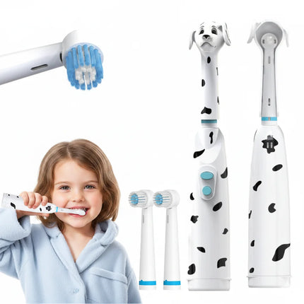 Kids electric toothbrush, battery powered, baby spotted dog design, with dust cover, cartoon cat/lion, round head.