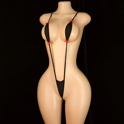 Sexy Adjustable Strappy Teddy Bodysuit for Women - Black Lingerie with Red Accents, Backless Design, Semi-Sheer Adult Apparel
