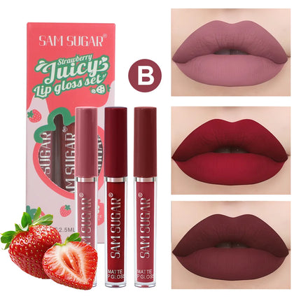 Fruit Cherry Strawberry Liquid Lipstick Makeup Kit Non Stick Cup Colorfast Long Lasting Velvet Matte Peach Lip Gloss Set 3pc/set