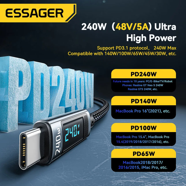 Essager 240W USB Type C to USB C Cable 100W PD 3.1 Fast Charging Charger Wire for MacBook Pro Xiaomi Samsung Laptop USBC Cord 2M