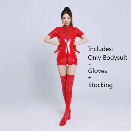 PU Faux Leather Bodysuit Catsuit With Gloves and Stocking PVC Latex Bodysuit Sexy Zip Erotic Women Lingerie Jumpsuit Clubwear