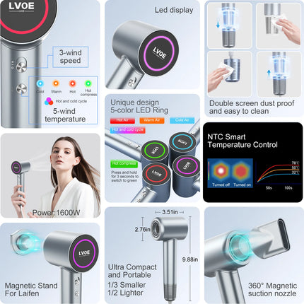 1600W High Speed Hair Dryer Smart Leafless Home Hairdryers Fast Drying High Power Low Noise Negative Ionic Hair Shop Blow Dryer