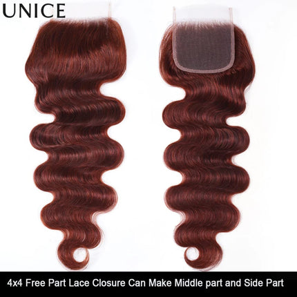UNice Reddish Brown Body Wave 4x4 Lace Closure 1PC Free Part 100% Human Hair Closure 14-20 Inch