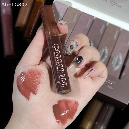 Cappuvini Punk Dark Brown Mirror Water Lip Gloss Waterproof Long-Lasting Liquid Lipstick Tint Red Glaze Transparent Glass