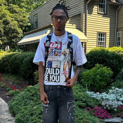 Retro Blue Patchwork Denim Short Y2k Jeans Men Women Hip Hop Streetwear Cartoon Graphics Loose Camo Denim Fitness Casual Shorts