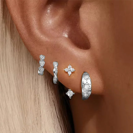 4PCS Fashion Stainless Steel Zirconia Star Huggie Hoop Earrings Set for Women Curious Pendant Flower Ear Stud Piercing Jewelry