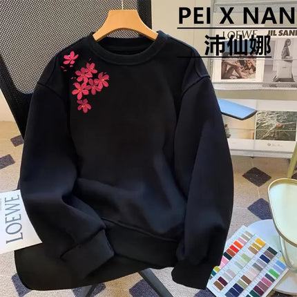 Autumn and Winter Round Neck Sweatshirt Cherry Blossom Print Loose Casual Long Sleeve Pullover