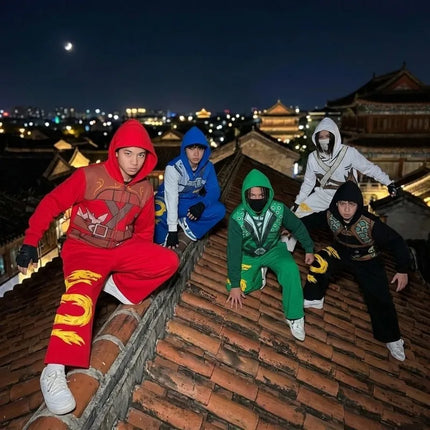 Ninja Warrior Armor Hoodie Set Men Dragon Graphic 2 Piece Suit Anime Inspired Streetwear Baggy Wide Leg Pants Tracksuit Outfit