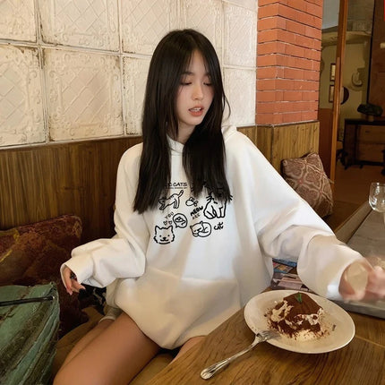 Cute Cat Print Hoodies Women Autumn Winter 2025 New Fashion Street Loose Casual Kangaroo Pouch Sweatshirt Y2K Top Kawaii Clothes