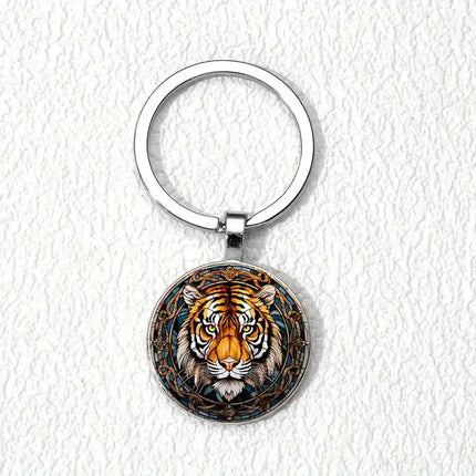 Stained Glass Style Tiger Head Round Keychain, Animal Pattern Glass Cabochon Metal Key Ring, Cool Wildlife Fashion Accessory Gift for Men