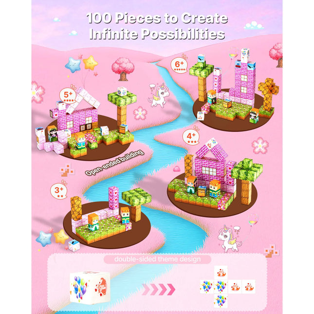 SucceBuy 100PCS Magnetic Blocks Princess Castle Set Magnetic Building Cubes STEM Montessori Sensory Toys for Kids Birthday Gift
