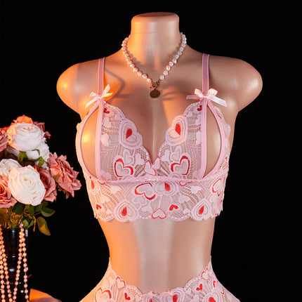 Pink Lace Open Brassiere Crotchless Panties Sexy Lingerie Female Sling Seductive Women's Fetish Transparent Underwear Sets
