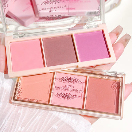Three color blush tray, milk tea tone, matte and pearl natural gloss, brightening, long-lasting, no fly powder rouge makeup