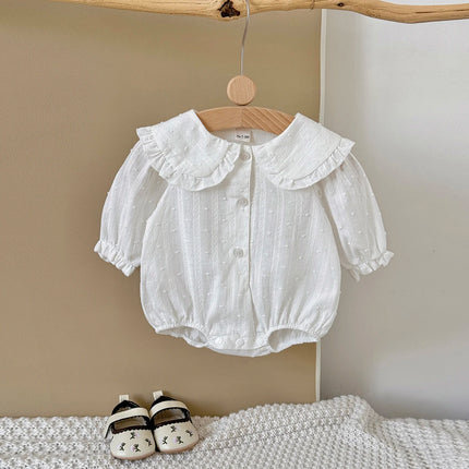2025 Autumn New Spring and Autumn Baby Ha Yi New Clothing White polka dot doll collar design Pure cotton cute and cute baby jump