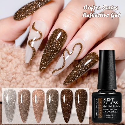 6pcs Coffee Brown Reflective Glitter Gel Nail Polish Set Dark Flashy Semi Permanent Soak Off UV Gel Varnish Nail Supplies Salon