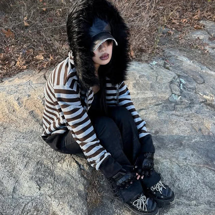 Goth Aesthetic Women Hoodie Harajuku Retro Y2K Emo Girl Fur Collar Cardigan Sweatshirt Rock Punk Hip Hop Casual Loose Streetwear