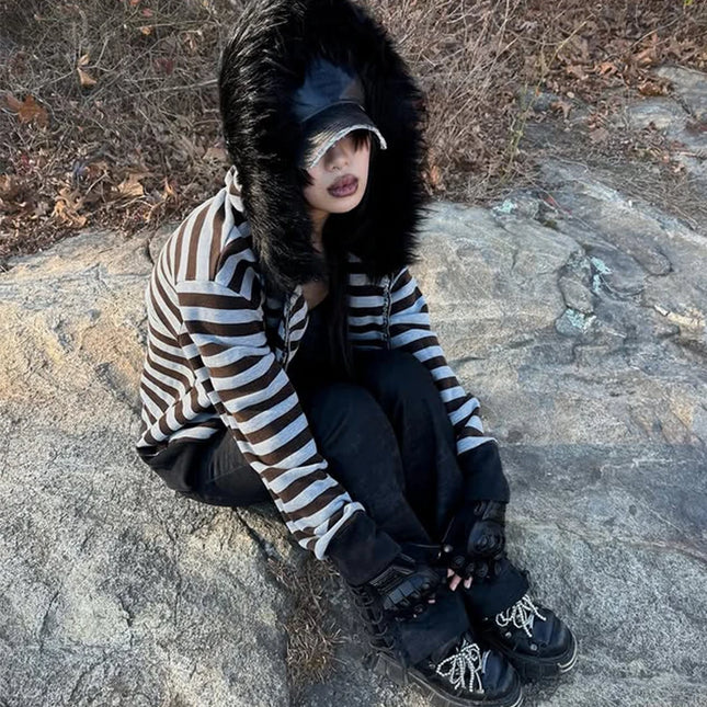 Goth Aesthetic Women Hoodie Harajuku Retro Y2K Emo Girl Fur Collar Cardigan Sweatshirt Rock Punk Hip Hop Casual Loose Streetwear