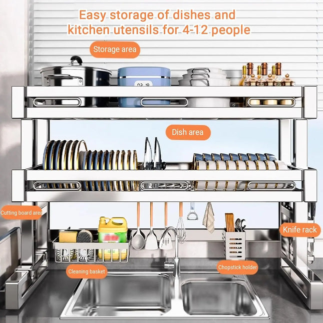 2-Tier Over The Sink Dish Drainer Drying Rack,Multifunctional 304 Stainless Steel Kitchen Countertop Organizer with Suction Cup