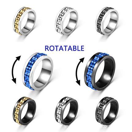 Anti Stress Stainless Steel Ring For Men Gear Chain Rotating Anxiety Relief Spinning Fidget Rings Punk Jewelry Size 6-13