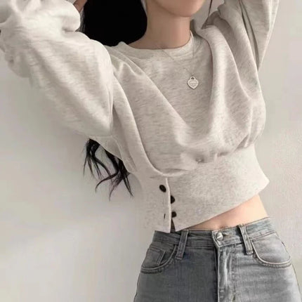 Autumn Women Solid O-Neck Slim Crop Top Lantern Sleeve With Button  Sweat Casual Hip-Hop Sporty Pullover Sweet Chic Street Wear