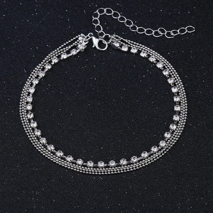 Silver Color Crystal Zircon 3 Rows Beads Anklet for Women New Fashion Chain Multilayer Rhinestones Foot Crystal Jewelry