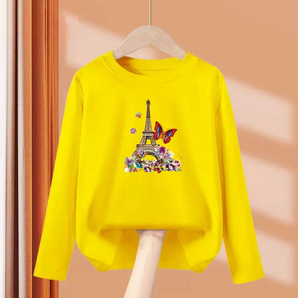 Girls New Fall Clothes Paris Eiffel Tower T-shirt Long-sleeved Cotton Tops Little Girl Butterfly Party Tees