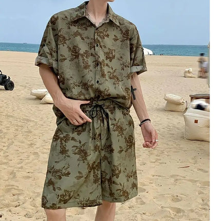 Loose Straight Leg Five-Quarter Beach Pants or Short Sleeve Printed Shirt Beach Travel Men's Fashion Floral Patterned Two-Piece Set