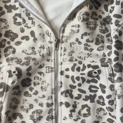 Y2K Streetwear Casual All-Season Fashion Sweatshirt Women's Leopard Print Faux Fur Hood Zipper Hoodie Cropped Oversized