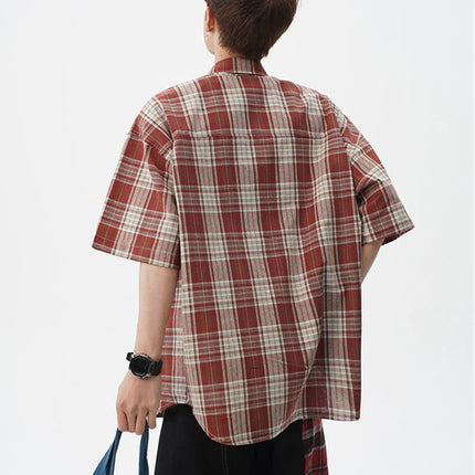 Summer High Street Fashion Plaid Short Sleeve Shirts Men's Pocket Appliques Baggy T Shirt 2026 New Y2K Vintage Luxury Blouse