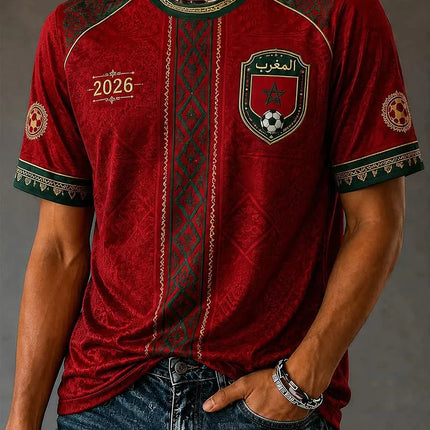 2026 Morocco National Team Red Football T-Shirt, Women's Men V-Neck Sportswear with Script & Star Motif  2026 New Colthing