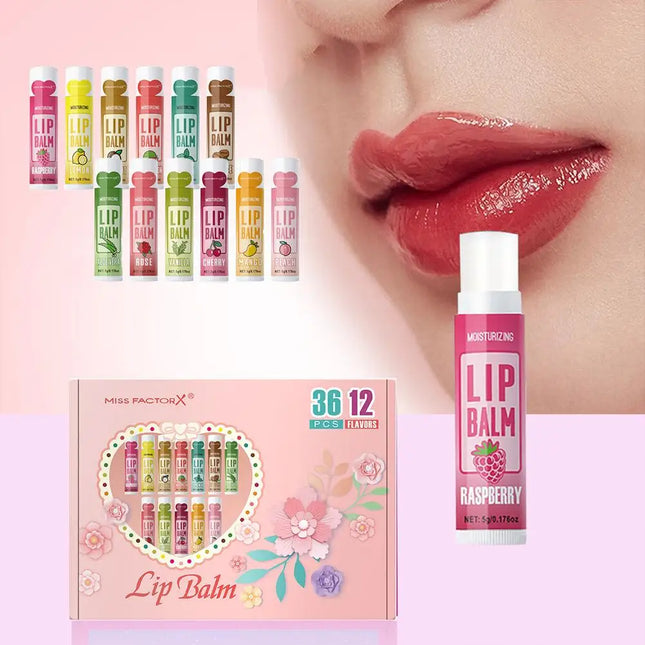 Moisturizing Lip Balm Set 36PCS, 12 Flavored Natural Lip Balms For Gifts Party Favors Bulk Fruit Lip Balms Dry Cracked Lip Care