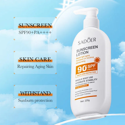 Lotion Solaire Pour Le Corps Et Le Visage, Super 220g, 50g Small bottle size, SPF 90 PA +++++, Utilisation Pour Tout Le Corps,