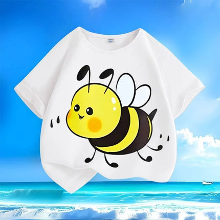 New Fashion Bee Print Kids' Stylish Round Neck Loose Fit, Pure Cotton and Breathable, Summer Trendy Streetwear for Kids