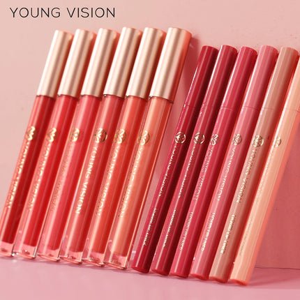 YOUNG VISION Lip Glaze + Lip Liner set liquid Lip Liner Waterproof non-stick cup Moisturizing easy color 12 color lip gloss