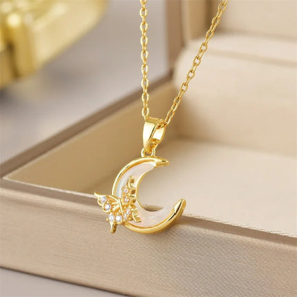 Exquisite Micro Inlaid Zircon Butterfly Tassel Necklace For Women Stainless Steel Moon Butterfly Flower Clavicle Choker Jewelry