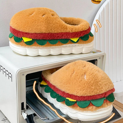 Creative Simulation Hamburger Slippers Women Men Funny Thick Sole Plush Shoes Non-Slip Soft Bottom 3D Cartoon Slides Indoor Home