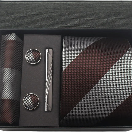 Classic 100% Silk Men's Ties In Gift box 8cm Plaid Dot Striped Business Necktie Handkerchief Cufflinks Wedding Party Tie Set