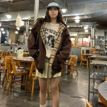 Brown Zip Up Hoodie Women  Autumn Lattice stitching Long Sleeve Casual Oversized Sweatshirt Solid Jacket Women Clothing